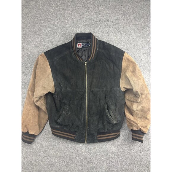 Free Country Jacket Mens Large Black Brown Suede Leather Bomber Full Zip Quilted - Picture 1 of 11